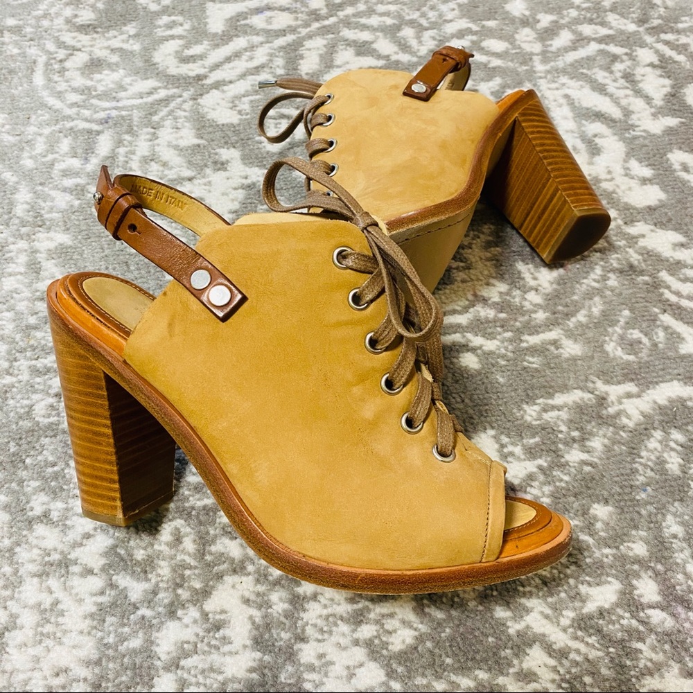 RAG & BONE Trafford Nubuck Leather Lace-Up Peep-Toe Booties Camel Size 38.5